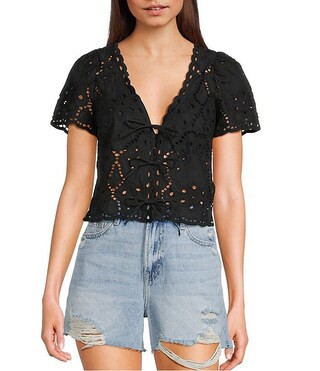 Eyelet Short Sleeve Tie Front Blouse | Dillard's