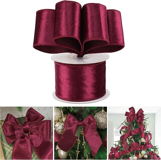 AIMUDI Burgundy Velvet Ribbon 2.5 Inch Maroon Christmas Wired Ribbon for Gift Wrapping Christmas ... | Amazon (US)