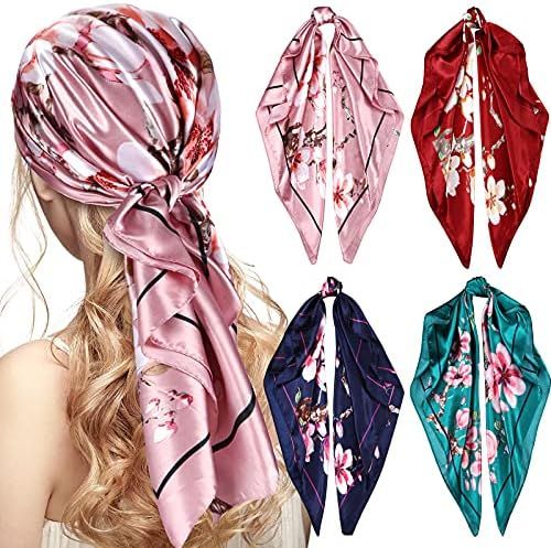 4 Pieces 35 Inch Satin Head Scarves Large Square Silky Feeling Headband Satin Boho Hair Bandanas ... | Amazon (US)