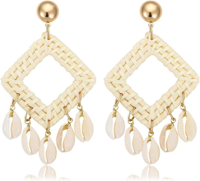 Boormanie Shell Rattan Earrings for Women Handmade Woven Straw Wicker Bohemian Shell Hoop Earring... | Amazon (US)