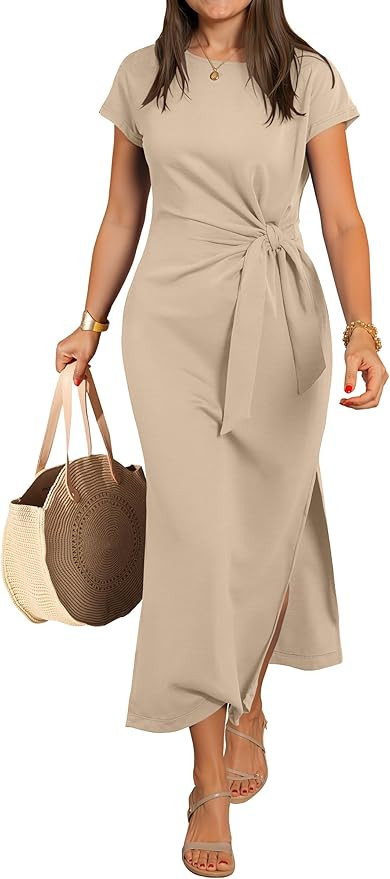 ANRABESS Womens Summer Maxi Dress Casual Crew Neck Tie Waist Split Wrinkle-Free Fit Long Fashion ... | Amazon (US)