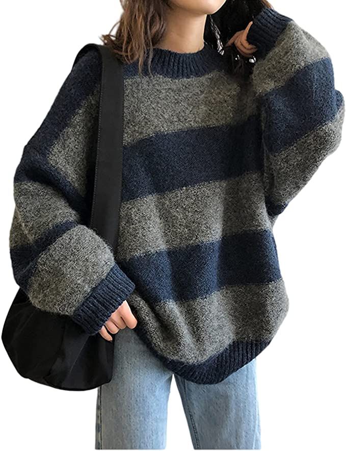 Women Vintage Striped Sweater Knitted Long Sleeve Loose Oversized Pullover Jumper Tops | Amazon (US)