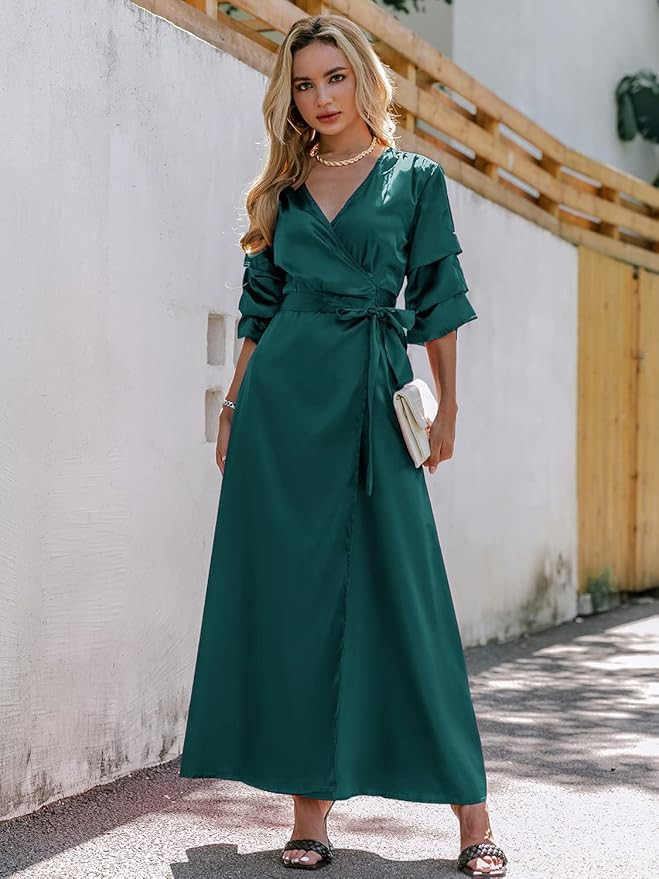 Miessial Women's Summer Chiffon V Neck Ruffle Maxi Dress Polka Dot Long Beach Wrap Dress at Amazo... | Amazon (US)