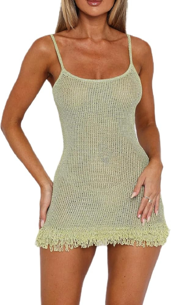 Women Fringe Crochet Knit Mini Dress Spaghetti Strap Tassel Bodycon Short Dress Y2K Sheer Knitted... | Amazon (US)