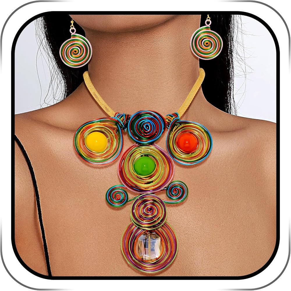 Statement Choker Necklaces Earrings Colorful African Collar Ethnic Tribal Costume Jewelry Set for... | Amazon (US)