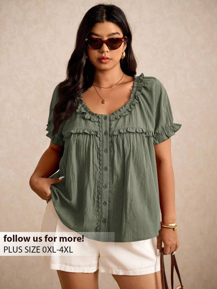 Elaquor Plus Size Women's Summer Solid Color Ruffle Puff Sleeve Shirt,Going Out Tops | SHEIN