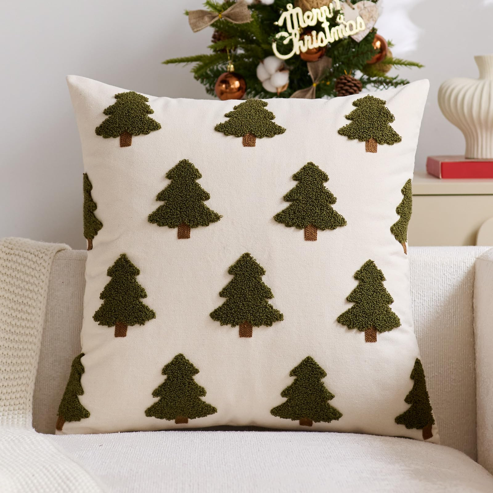 Christmas Pillow Covers 20 x 20 Inch Embroidery Green Trees Decorative Throw Pillow Covers Xmas W... | Amazon (US)