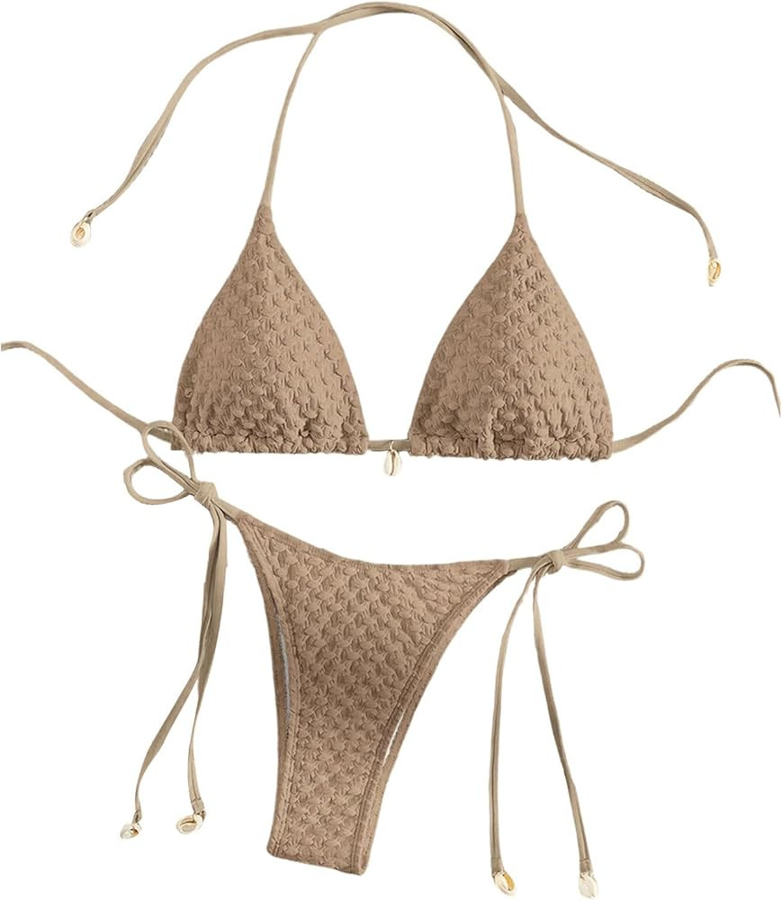 SHENHE Women's 2 Piece Halter Swimsuit Textured Tie Side Triangle Bikini Bathing Suit | Amazon (US)