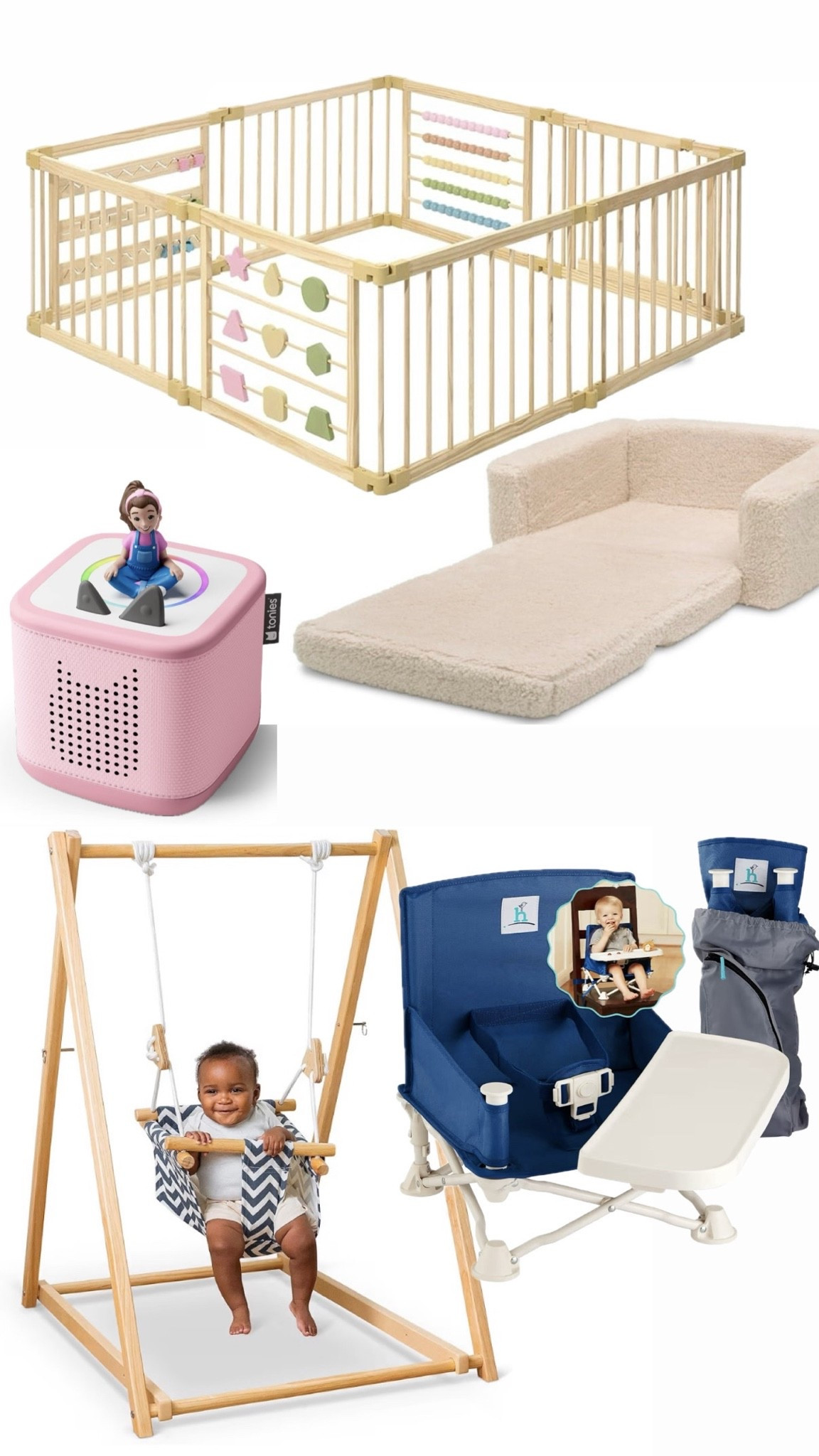 Baby products worth the price we use them everyday. Toddler swing, aesthetic wood playpen, tonies box, travel chair beach chair, fold out kids sofa chair

#LTKmomlife #LTKBaby #LTKKids