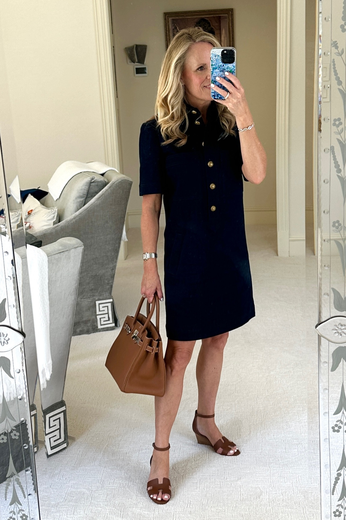 Out the door for volunteer meeting and lunch with a friend 

Veronica Beard Denim mini dress with gold button details 
Runs large so size down 
I am 5’2” tall for length reference and wearing size  XXS 
Hermes Birkin
Hermes Oran wedges 

#LTKStyleTip #LTKSeasonal #LTKOver40