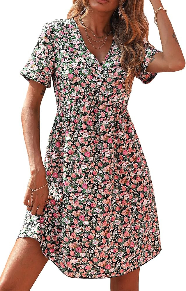 PRETTYGARDEN Womens 2024 Summer Short Sleeve V Neck Ruffle Floral Swing A Line Short Dress | Amazon (US)