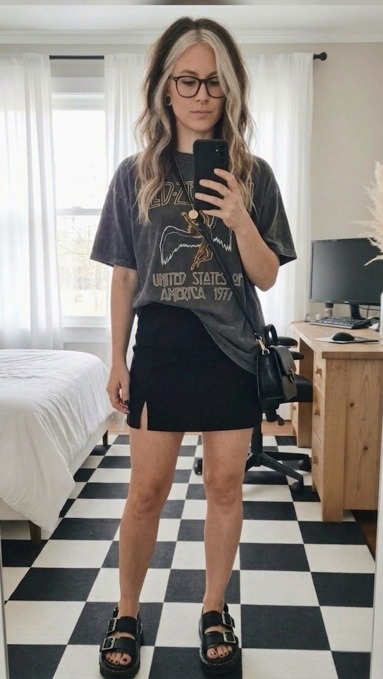 Elevate your casual wardrobe with this effortless edgy-chic look. I’m pairing a vintage-wash Led Zeppelin graphic tee with a sleek black mini skirt (love the side slit detail!) for that perfect high-low balance. Finished off the fit with my favorite chunky platform sandals and a crossbody bag. This is my go-to for concerts, coffee dates, or just feeling like a rockstar on a Thursday.

#LTKvlog #LTKootd #LTKSeasonal