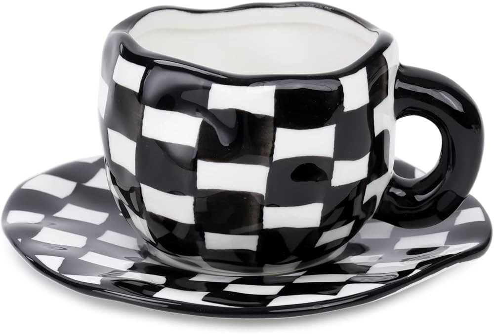 Checkered Mug Ceramic Checker Tea Cup and Saucer Set 10 oz | Amazon (US)