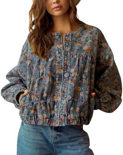 chouyatou Women's 2025 Fall Boyfriend Floral Denim Jacket Spring Y2K Casual Oversized Jean Bomber... | Amazon (US)