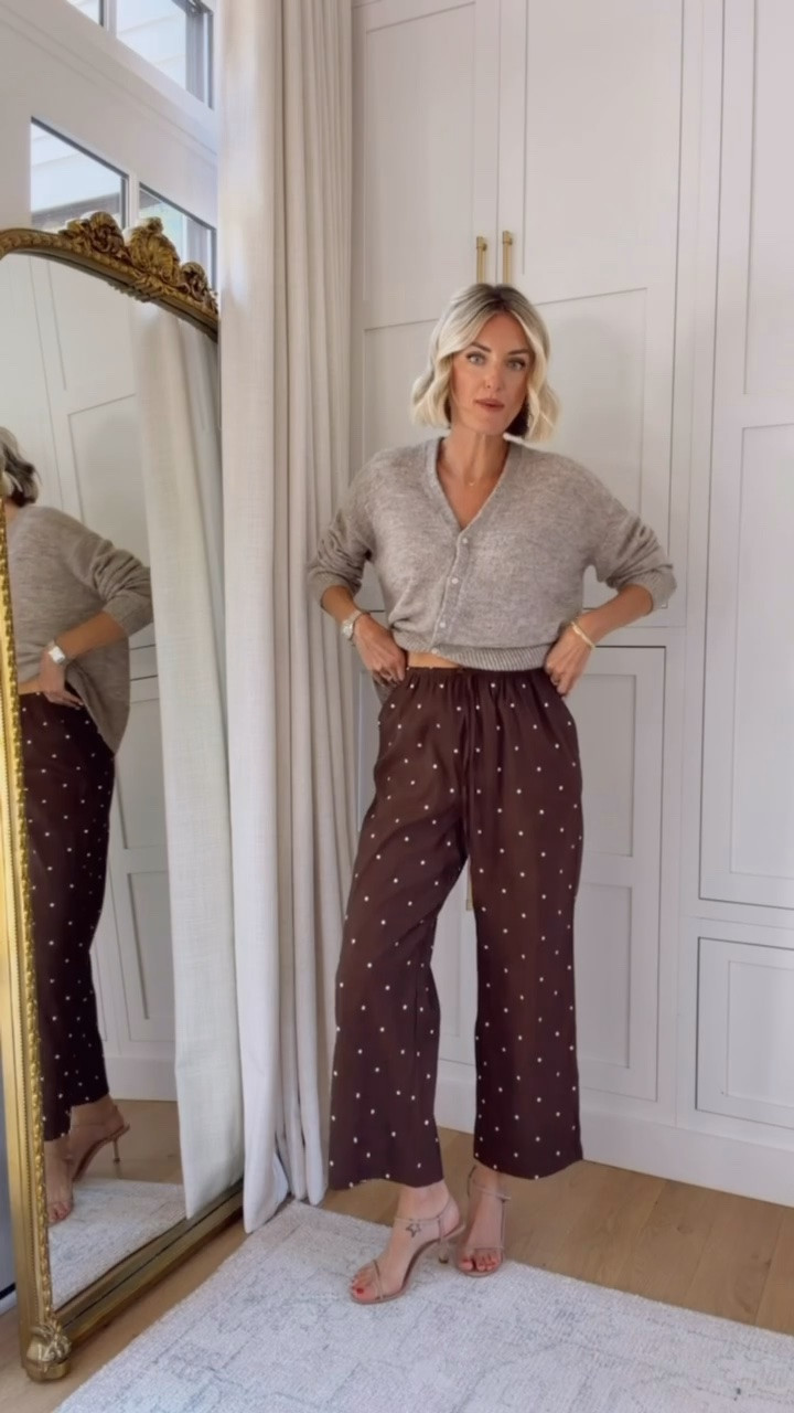 I got these pants in two colors - burgundy & this brown & white polka dot! These are such a fun pant to have in your closet! You can style these so many ways! Wearing S in cardigan & XS in pants!

Loverly Grey, cardigan, taffeta pants, polka dot, fall outfit, heels, Target, new arrivals

#LTKSeasonal