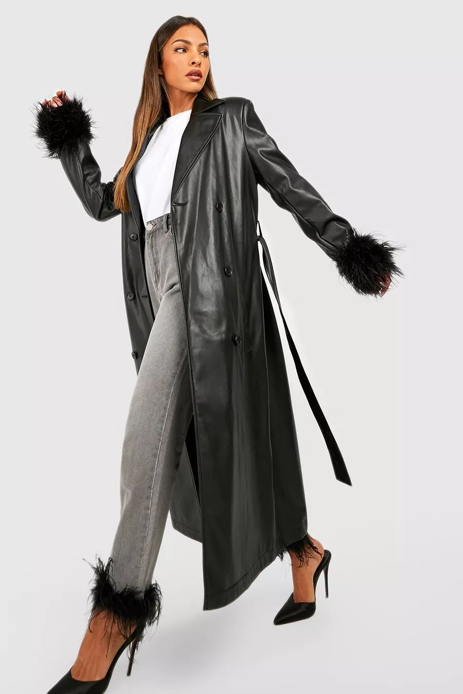 Feather Cuff Pu Belted Coat | Boohoo.com (US & CA)