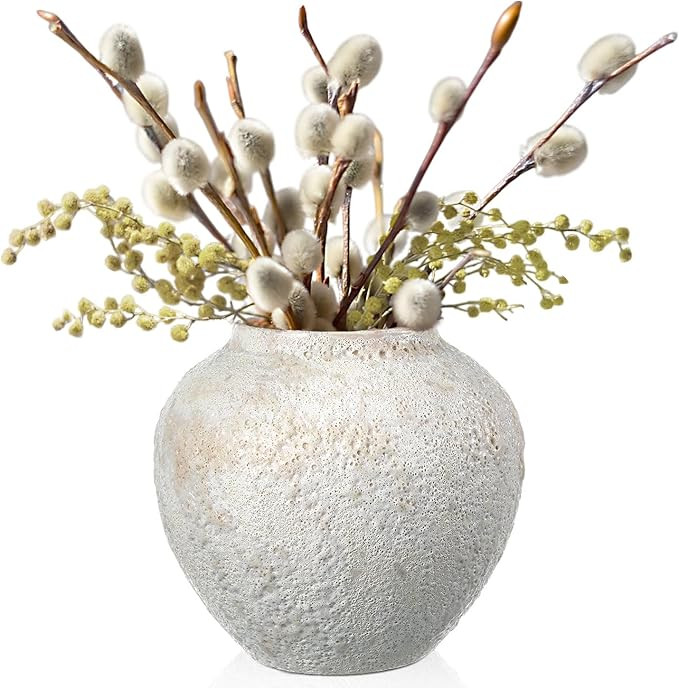 Mimorou White Ceramic Decorative Flower Vase 8.27" x 8.66" Textured Round Rustic Pottery Vintage ... | Amazon (US)