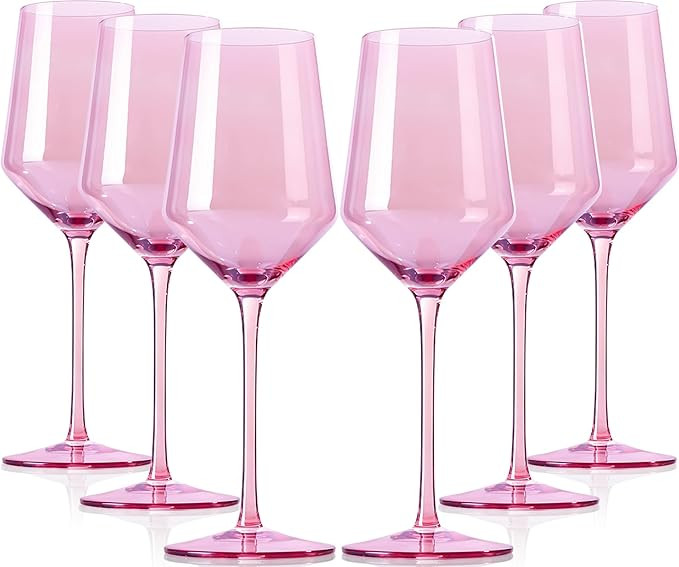 Pink Wine Glasses Set of 6- Modern Crystal Hand Blown Wine Glass-15 oz,Thin Rim,Long Stem,Perfect... | Amazon (US)
