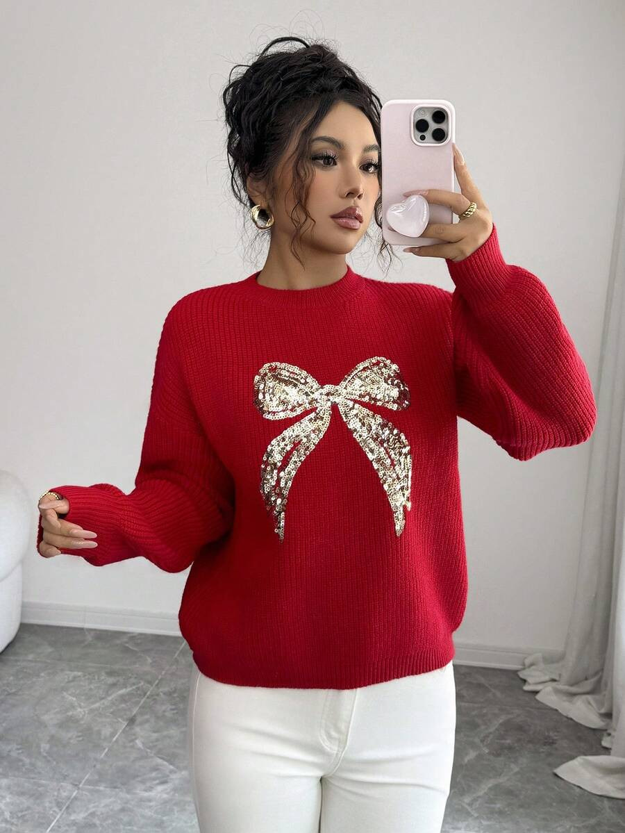 Elenzga Women's Fashionable Casual Sequin Bow Knitted Sweater | SHEIN