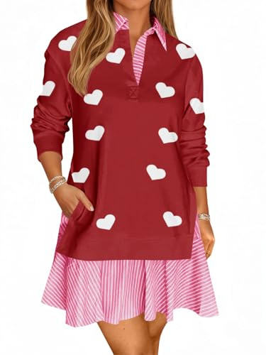 Wenrine Womens Oversized Sweatshirt Dress Casual Long Sleeve Heart Valentines Collared V Neck Loose Patchwork Mini Dresses | Amazon (US)