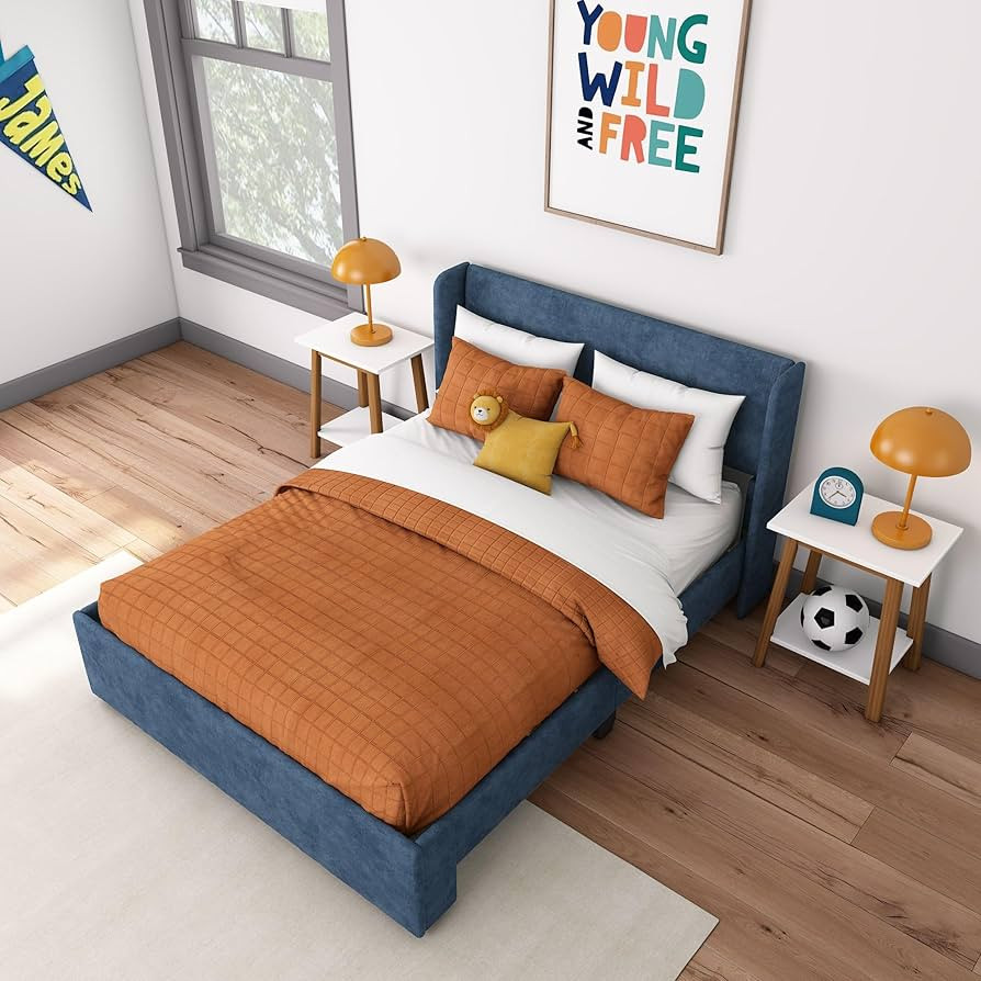 Max & Lily Upholstered Full Bed Frame with Rectangular Headboard, Upholstered Platform Bed for Ki... | Amazon (US)