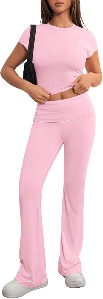 MEROKEETY Women's 2 Piece Outfits Lounge Set Short Sleeve Crop Top Fold Over Flare Pants Y2K Casu... | Amazon (US)