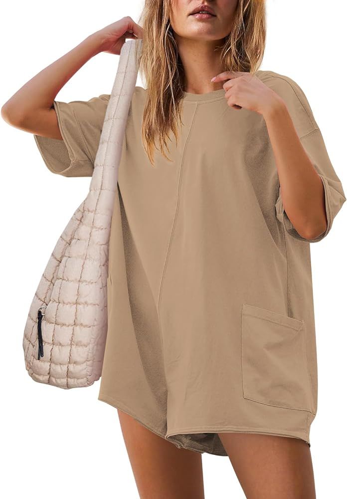 Yanekop Womens Oversized Romper Back V Neck Half Sleeve Jumpsuit Crewneck Tee Romper Overalls wit... | Amazon (US)