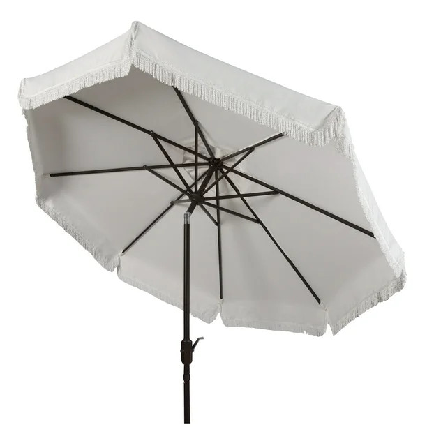 Safavieh Milan 9' Market Crank Fringe Tilt Patio Umbrella, White | Walmart (US)