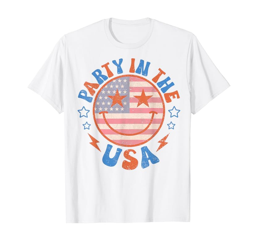 Party In The USA Happy Face Smile American Flag 4th Of July T-Shirt | Amazon (US)