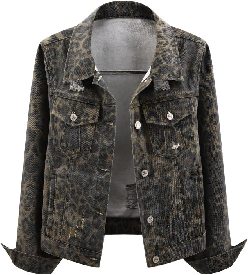 Womens Denim Jackets Distressed Ripped Long Sleeve Jean Jacket Coats | Amazon (US)