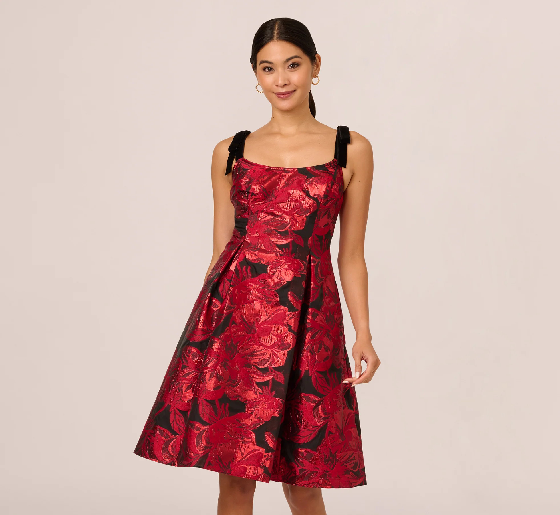 Bow Jacquard Short Dress In Black Red | Adrianna Papell