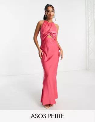 ASOS DESIGN Petite knot front satin maxi dress with tie back detail in hot pink | ASOS (Global)