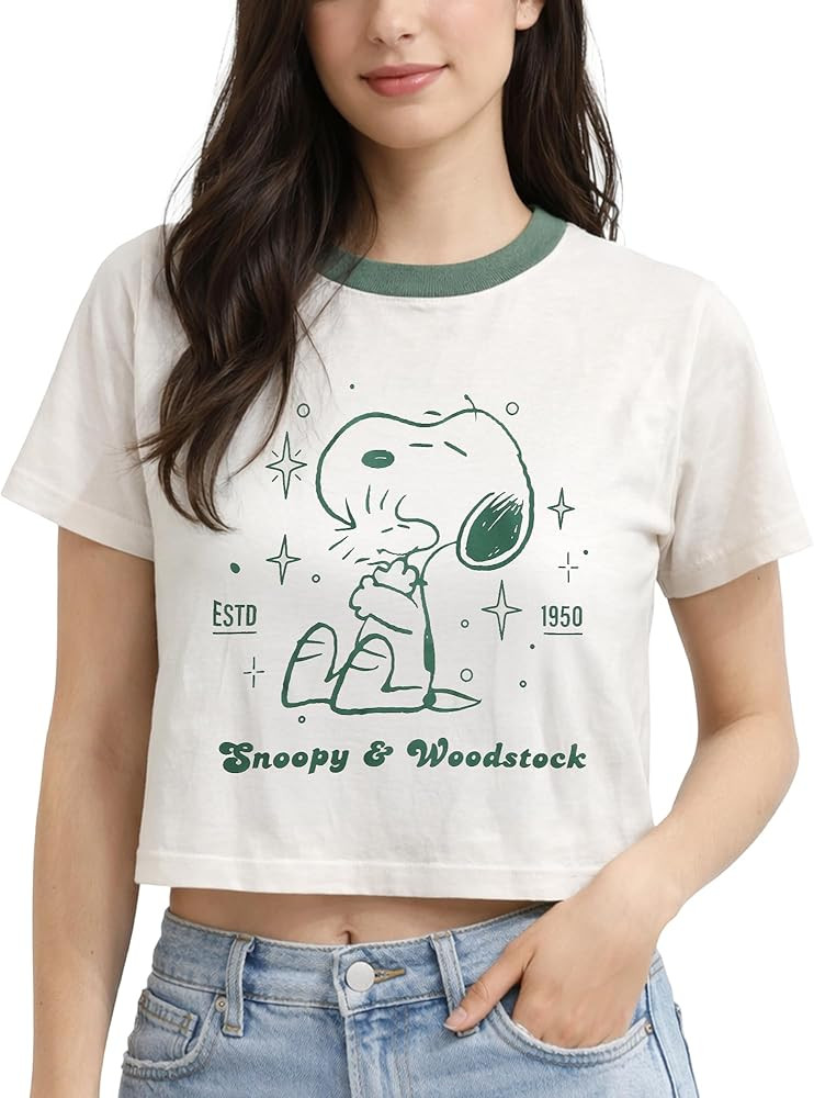 Peanuts Womens Crop Top - Snoopy Short Sleeve Crewneck Casual Cropped Graphic Baby Tee Shirts for... | Amazon (US)