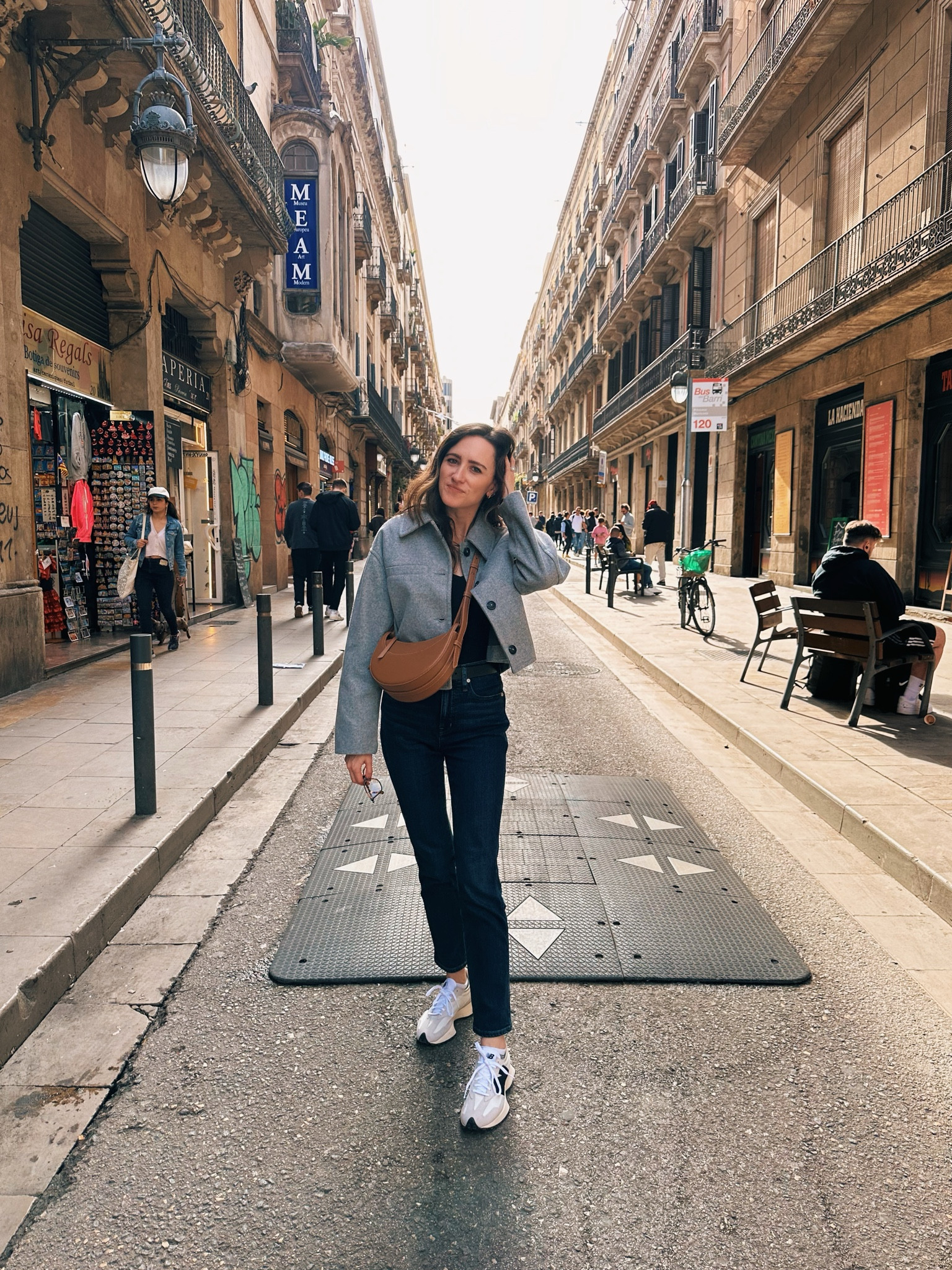 Another ootd from our Barcelona trip! I love this cropped jacket from Mango that you can wear casually or dressed up! 🩶 wearing an XS and went up 1/2 a size in the sneakers 

#LTKSpringSale #LTKstyletip #LTKshoecrush