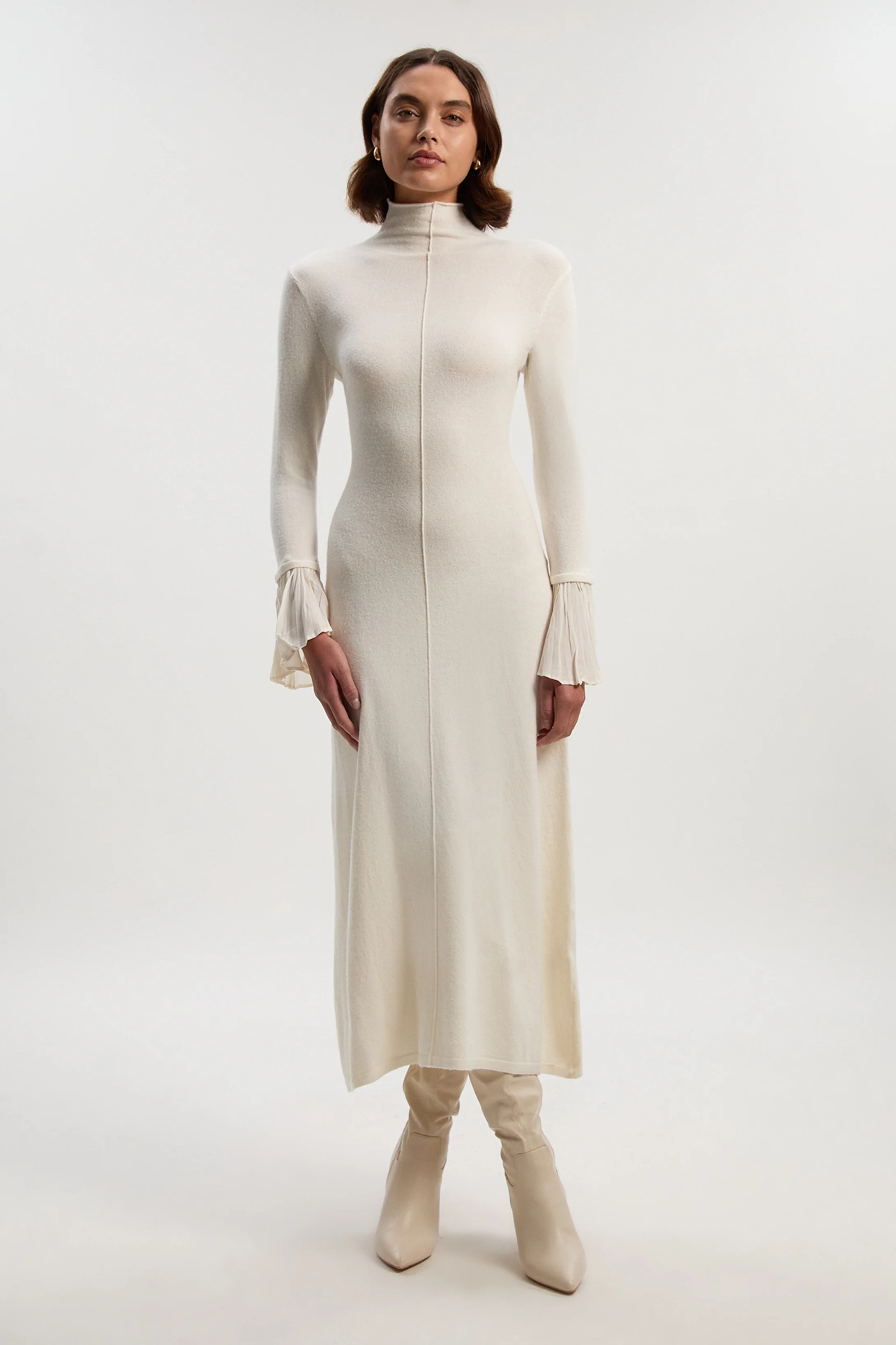 Petite Wool And Alpaca Blend Knit Pleated Silk Woven Cuffs Midi Dress | Karen Millen UK + IE + DE + NL