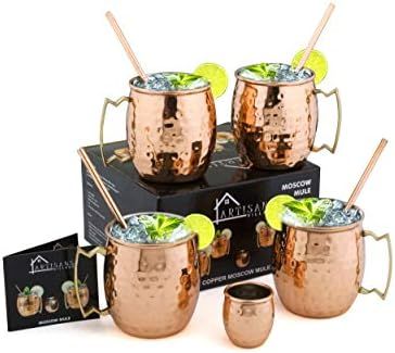 Moscow Mule Copper Mugs: Set of 4 glasses (16 oz) with 4 Cocktail Straws, and 1 Shot glass | Amazon (US)