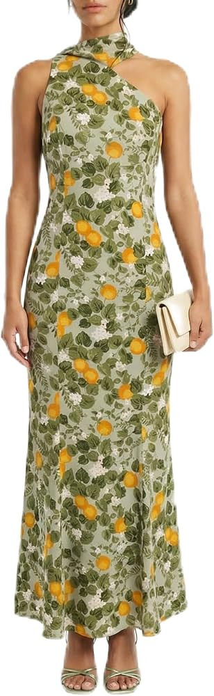 Women\u2019s One Shoulder Maxi Dress with Scarf Detail, Fitted Elegant Dress | Amazon (US)