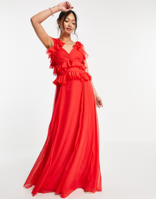 ASOS DESIGN tiered ruffle maxi dress with tie back in red | ASOS | ASOS (Global)