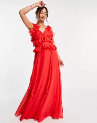 ASOS DESIGN tiered ruffle maxi dress with tie back in red | ASOS (Global)