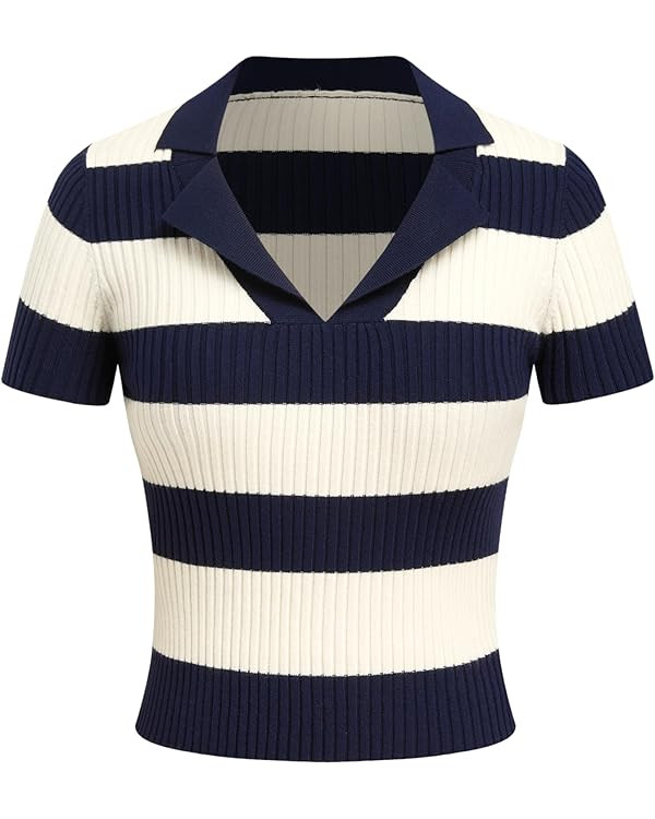 CIDER Striped Sweater Women Knit Polo Top Short Sleeve Regular Fit Casual Polo Neck Striped Knitw... | Amazon (US)