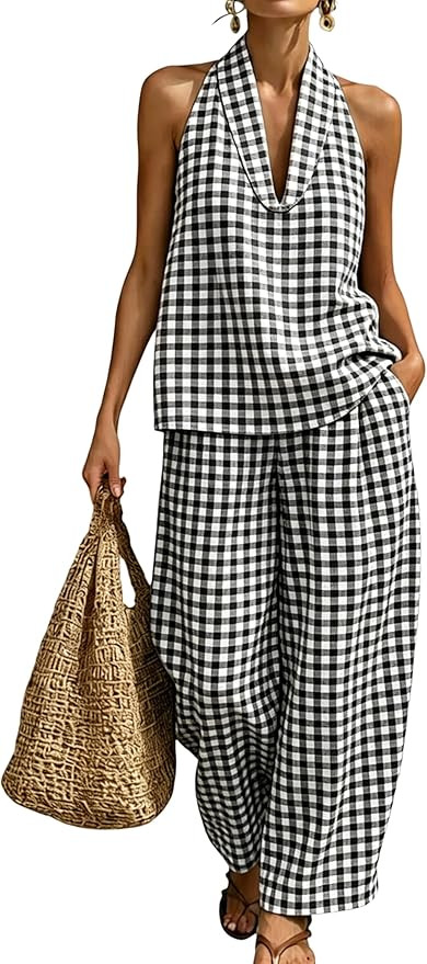 QIBABU Womens Summer Gingham 2 Piece Set Halter Neck Sleeveless Top Pant Sets Casual Cotton Loung... | Amazon (US)