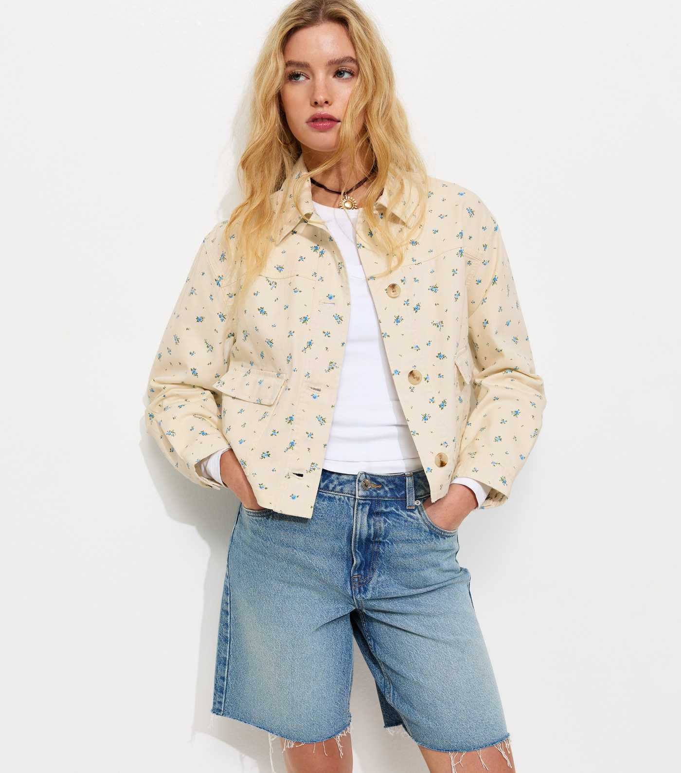 Cream Cotton Ditsy Floral Shacket | New Look | New Look (UK)