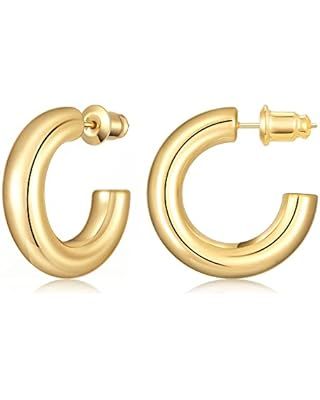 Chunky Gold Hoop Earrings for Women, Lightweight Stainless Steel Thick Hollow Open Hoops with 18K... | Amazon (US)