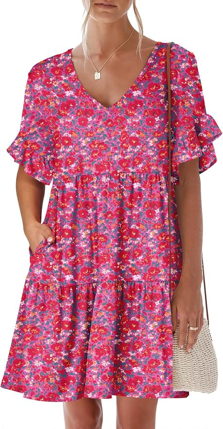 ANRABESS Dresses for Women Summer 2026 V Neck Ruffle Sleeve A Line Tiered Flowy Casual Trendy Min... | Amazon (US)