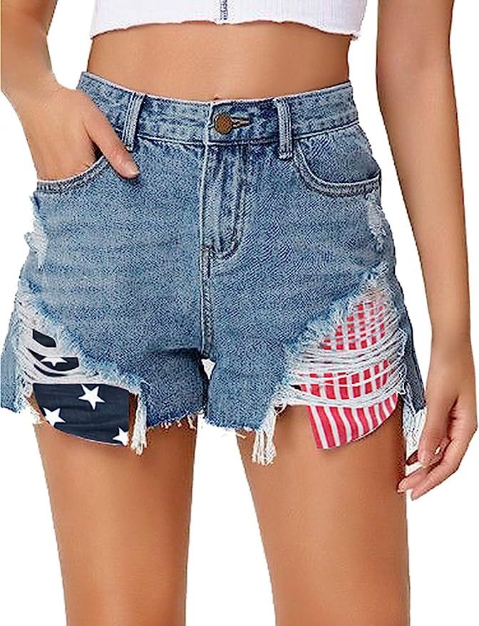 luvamia Women's Mid Rise Ripped Denim Shorts Frayed Raw Hem Casual Jeans Shorts | Amazon (US)