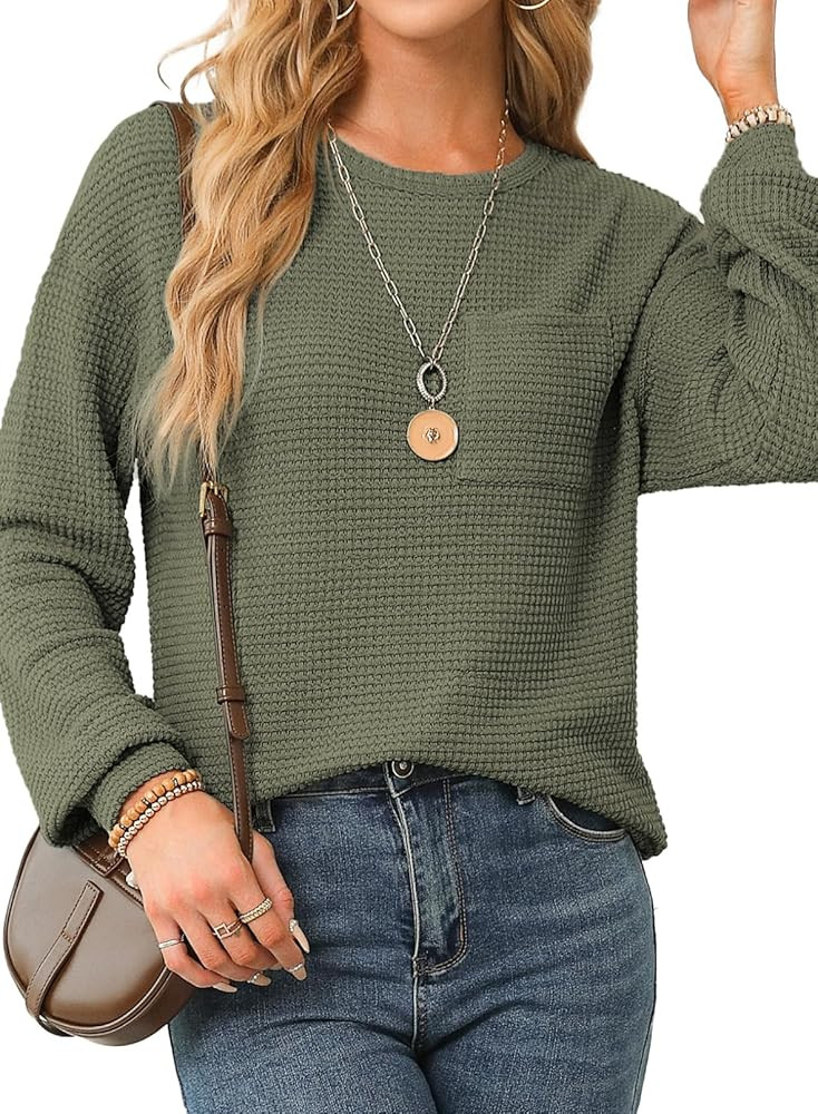 Dokotoo Womens Tops 2024 Long Sleeve Crewneck Waffle Knit Shirts Business Casual Blouses Basic Sh... | Amazon (US)