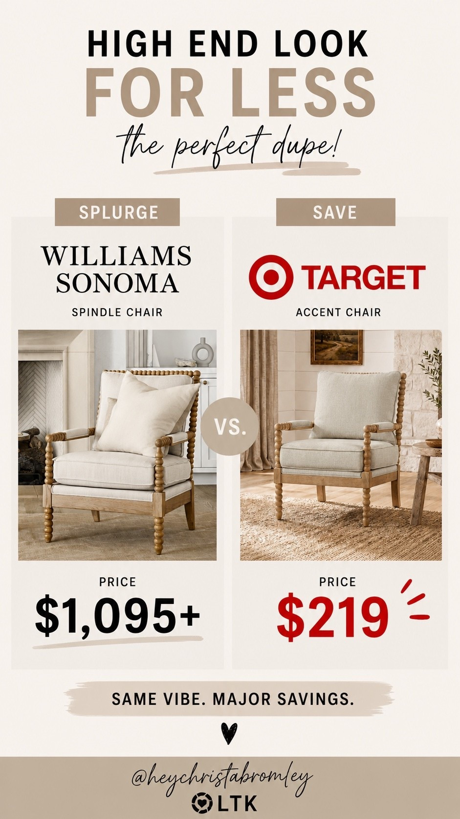 I found an accent chair that gives the same classic spindle-style look as the Williams Sonoma version for a fraction of the cost! If you’ve been wanting that high-end, timeless aesthetic without spending over $1,000, this is one you’ll want to see.

I’ve linked the affordable Target find along with a few other designer-inspired home favorites that give you the luxury look for less.

#LTKHome
#LTKFinds
#LTKStyleTip
#HomeDecor
#TargetFinds
#DesignerDupe
#LuxuryForLess
#NeutralHome
#LivingRoomDecor
#AccentChair
#AffordableHomeDecor
#CoastalStyle
#TraditionalHome
#HomeInspiration
#HeyChristaBromley