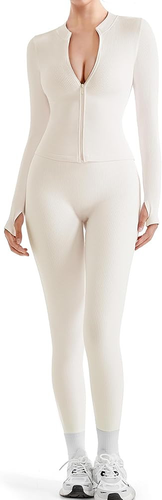 SUUKSESS Women 2 Piece Seamless Ribbed Workout Sets With Zip Up Jacket High Waisted Gym Yoga Legg... | Amazon (US)