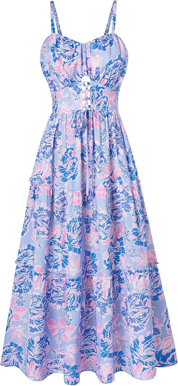 GRACE KARIN Women's Summer Floral Dress 2026 Boho Spaghetti Strap Smocked Tiered Casual Maxi Long... | Amazon (US)