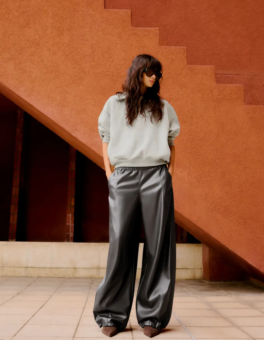 Faux leather drop crotch pants | Bershka RewardStyle US